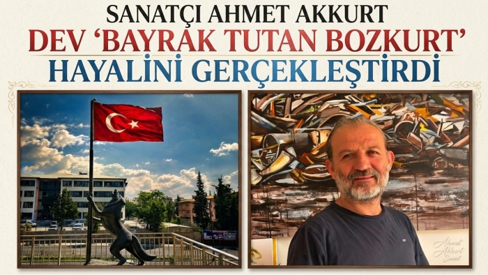 Sanatçı Ahmet Akkurt, Dev ‘Bayrak tutan bozkurt’ hayalini gerçekleştirdi